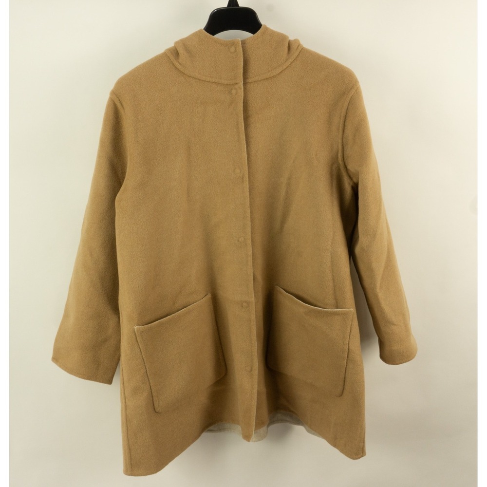 Eileen Fisher Wool Cashmere Reversible Hooded Snap Front Coat Womens Large Brown